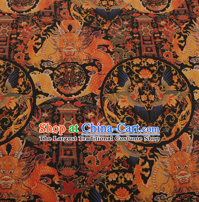 Traditional Chinese Satin Classical Dragon Phoenix Pattern Design Black Watered Gauze Brocade Fabric Asian Silk Fabric Material