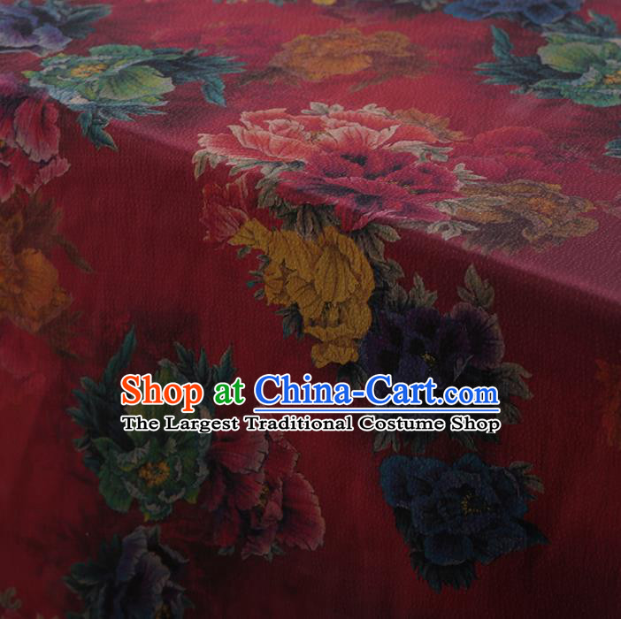 Traditional Chinese Classical Peony Pattern Design Red Satin Watered Gauze Brocade Fabric Asian Silk Fabric Material