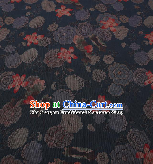 Traditional Chinese Satin Classical Lotus Peony Pattern Design Navy Watered Gauze Brocade Fabric Asian Silk Fabric Material