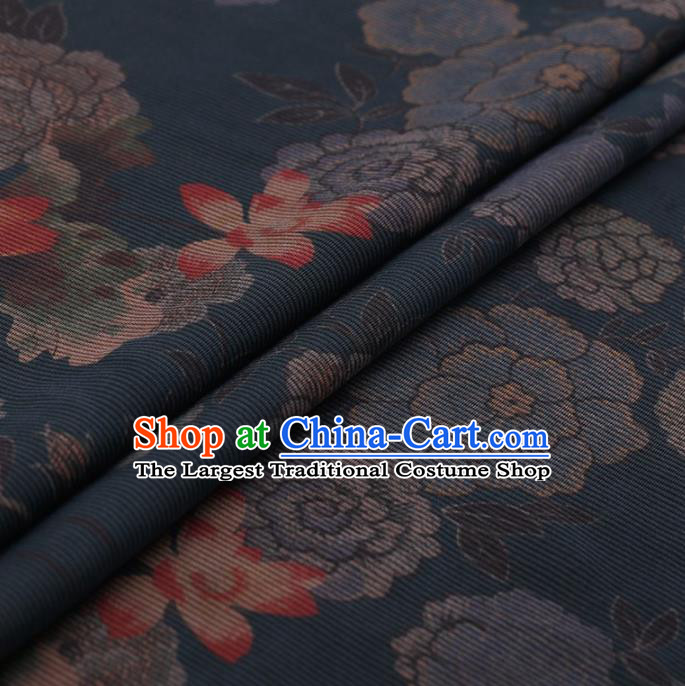 Traditional Chinese Satin Classical Lotus Peony Pattern Design Navy Watered Gauze Brocade Fabric Asian Silk Fabric Material