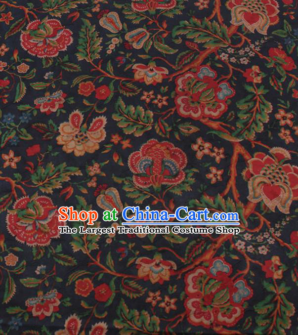 Traditional Chinese Satin Classical Twine Peony Pattern Design Navy Watered Gauze Brocade Fabric Asian Silk Fabric Material