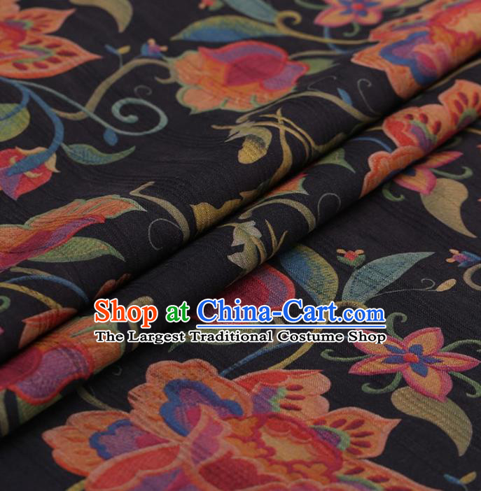 Traditional Chinese Satin Classical Twine Flowers Pattern Design Navy Watered Gauze Brocade Fabric Asian Silk Fabric Material