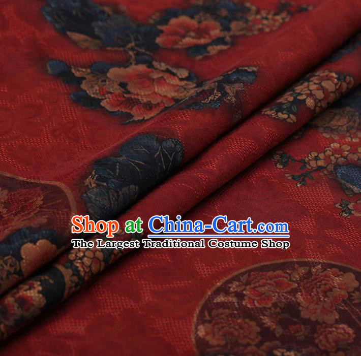 Traditional Chinese Satin Classical Round Peony Pattern Design Red Watered Gauze Brocade Fabric Asian Silk Fabric Material