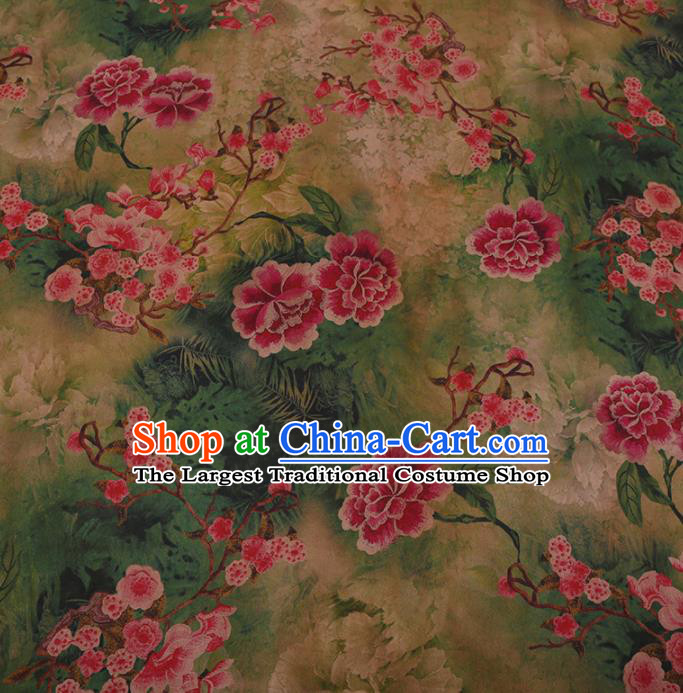 Traditional Chinese Satin Classical Peach Peony Pattern Design Green Watered Gauze Brocade Fabric Asian Silk Fabric Material