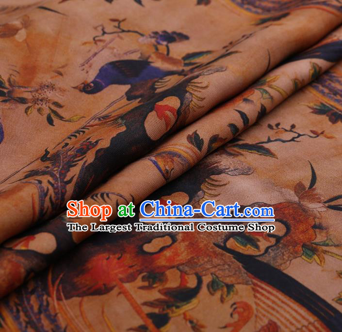 Traditional Chinese Satin Classical Phoenix Lotus Pattern Design Khaki Watered Gauze Brocade Fabric Asian Silk Fabric Material