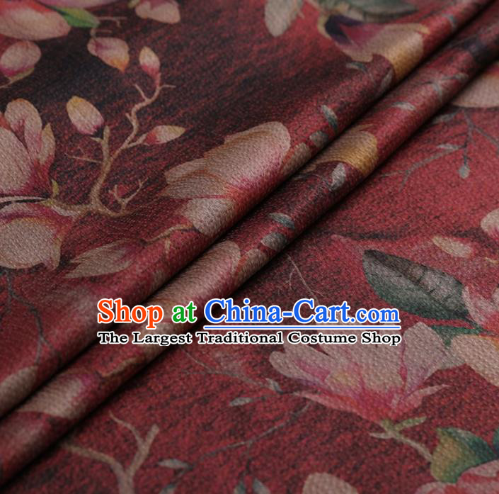 Traditional Chinese Classical Magnolia Pattern Design Wine Red Satin Watered Gauze Brocade Fabric Asian Silk Fabric Material