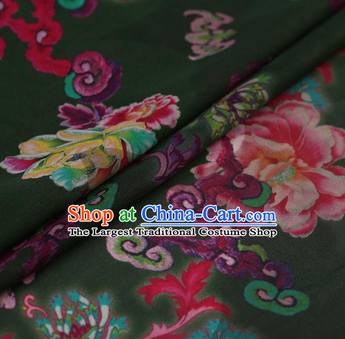 Traditional Chinese Satin Classical Peony Pattern Design Olive Green Watered Gauze Brocade Fabric Asian Silk Fabric Material