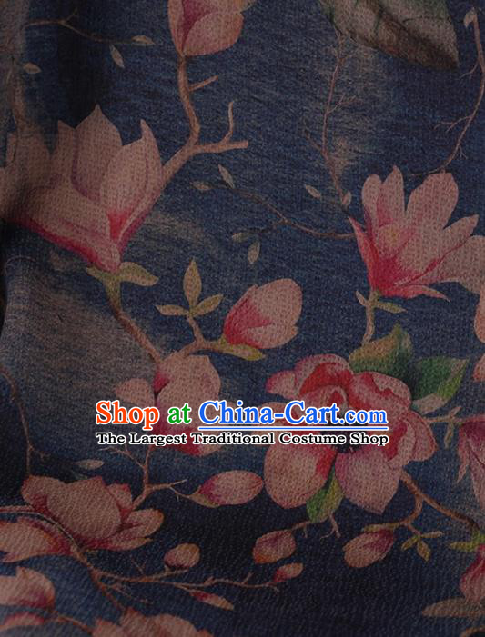 Traditional Chinese Classical Magnolia Pattern Design Blue Satin Watered Gauze Brocade Fabric Asian Silk Fabric Material