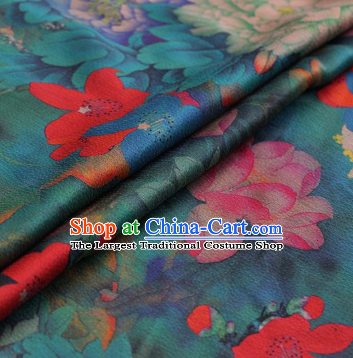 Traditional Chinese Classical Lotus Peony Pattern Design Green Satin Watered Gauze Brocade Fabric Asian Silk Fabric Material