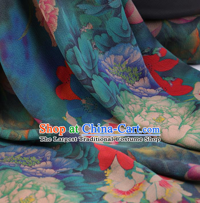 Traditional Chinese Classical Lotus Peony Pattern Design Green Satin Watered Gauze Brocade Fabric Asian Silk Fabric Material