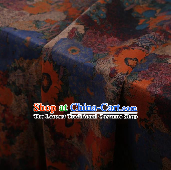 Traditional Chinese Classical Sunflowers Pattern Design Blue Satin Watered Gauze Brocade Fabric Asian Silk Fabric Material