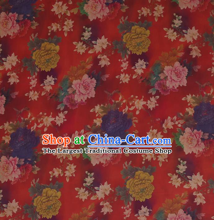 Traditional Chinese Classical Peony Pattern Design Red Satin Watered Gauze Brocade Fabric Asian Silk Fabric Material