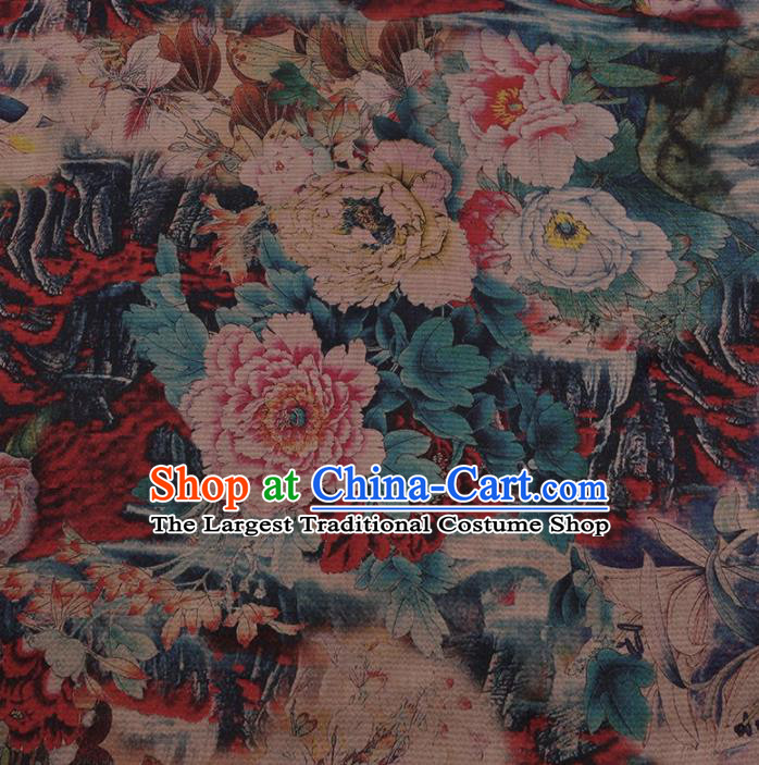 Chinese Traditional Peony Pattern Design Colorful Satin Watered Gauze Brocade Fabric Asian Silk Fabric Material