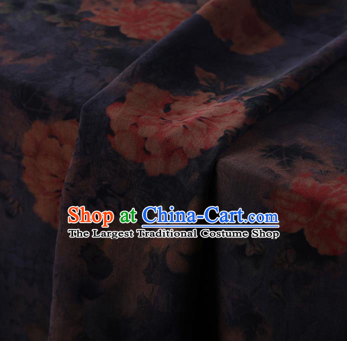 Traditional Chinese Classical Peony Pattern Design Navy Satin Watered Gauze Brocade Fabric Asian Silk Fabric Material