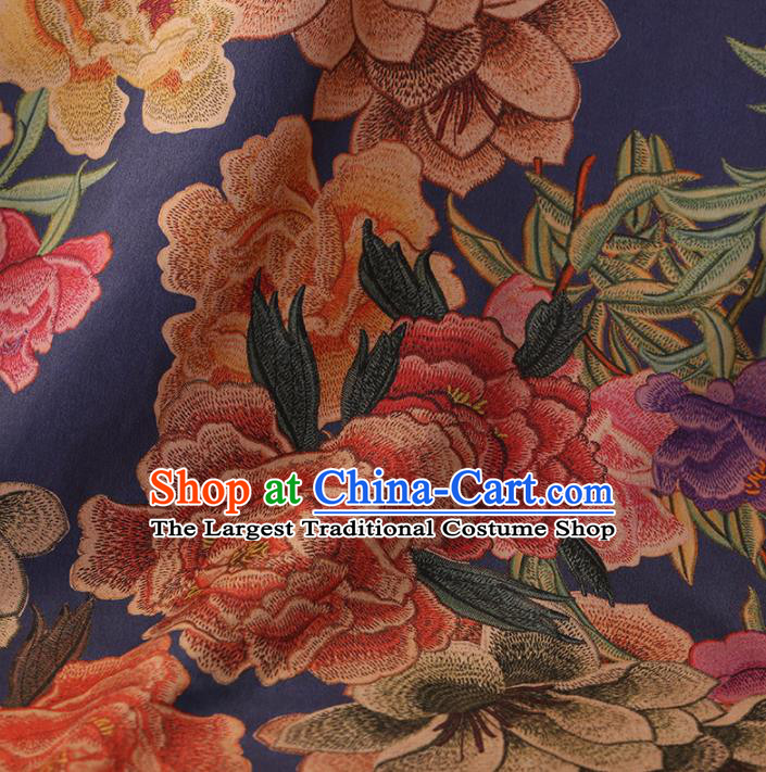 Traditional Chinese Classical Embroidered Peony Pattern Design Navy Satin Watered Gauze Brocade Fabric Asian Silk Fabric Material