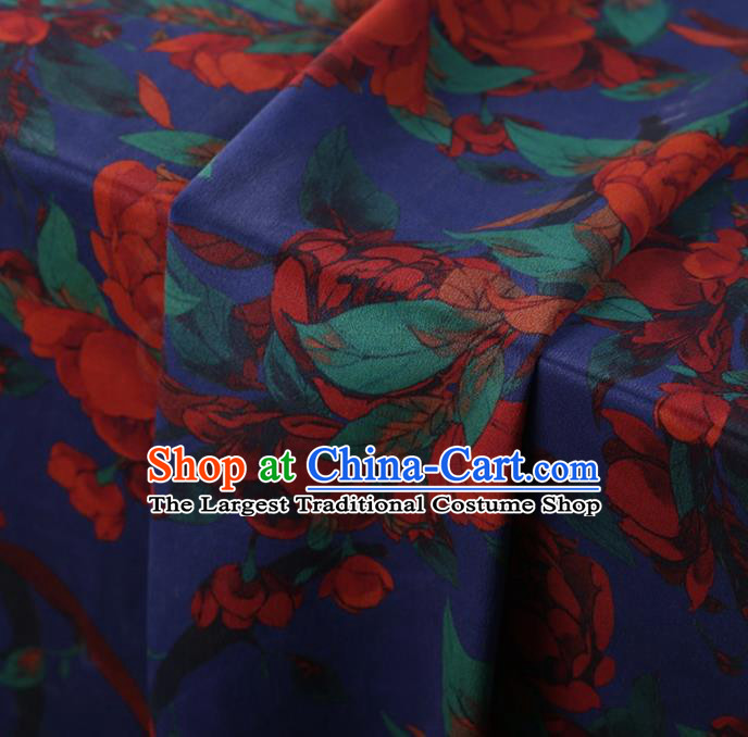 Traditional Chinese Classical Peony Pattern Design Deep Blue Satin Watered Gauze Brocade Fabric Asian Silk Fabric Material