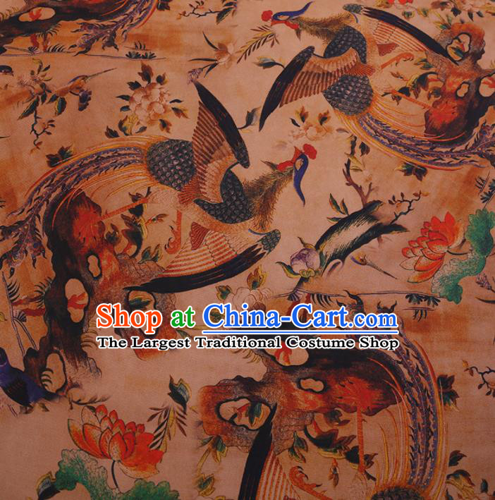 Traditional Chinese Classical Phoenix Lotus Pattern Design Khaki Satin Watered Gauze Brocade Fabric Asian Silk Fabric Material