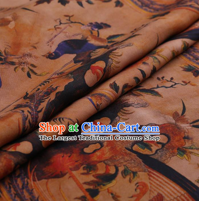 Traditional Chinese Classical Phoenix Lotus Pattern Design Khaki Satin Watered Gauze Brocade Fabric Asian Silk Fabric Material