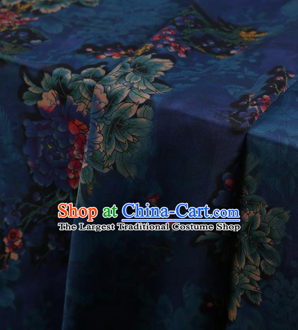 Traditional Chinese Classical Peony Pattern Design Deep Blue Satin Watered Gauze Brocade Fabric Asian Silk Fabric Material