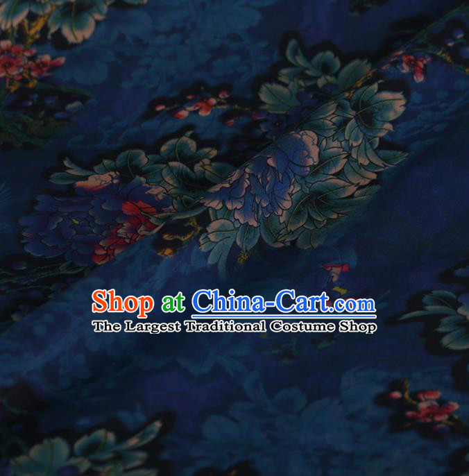 Traditional Chinese Classical Peony Pattern Design Deep Blue Satin Watered Gauze Brocade Fabric Asian Silk Fabric Material