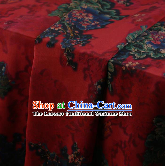 Traditional Chinese Classical Peony Pattern Design Red Satin Watered Gauze Brocade Fabric Asian Silk Fabric Material