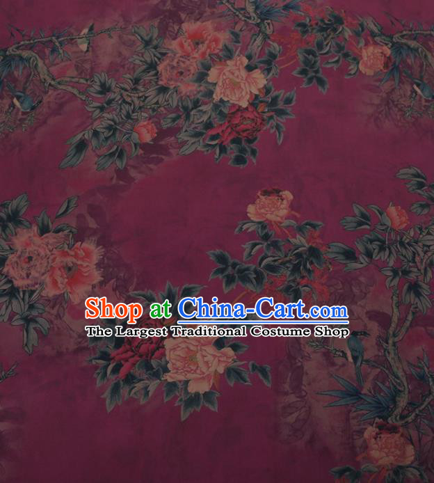 Traditional Chinese Classical Peony Flowers Pattern Design Purple Satin Watered Gauze Brocade Fabric Asian Silk Fabric Material