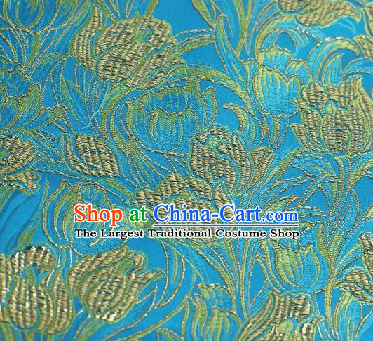 Chinese Classical Tulip Pattern Design Blue Brocade Asian Traditional Hanfu Silk Fabric Tang Suit Fabric Material