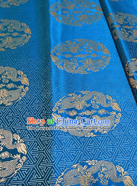 Chinese Classical Round Dragons Pattern Design Blue Brocade Asian Traditional Tibetan Robe Silk Fabric Tang Suit Fabric Material