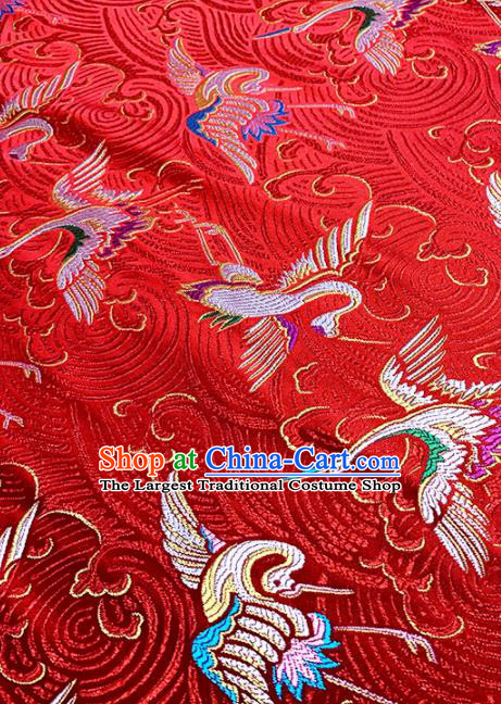 Japan Classical Cranes Pattern Design Red Brocade Asian Japanese Traditional Kimono Silk Fabric Material