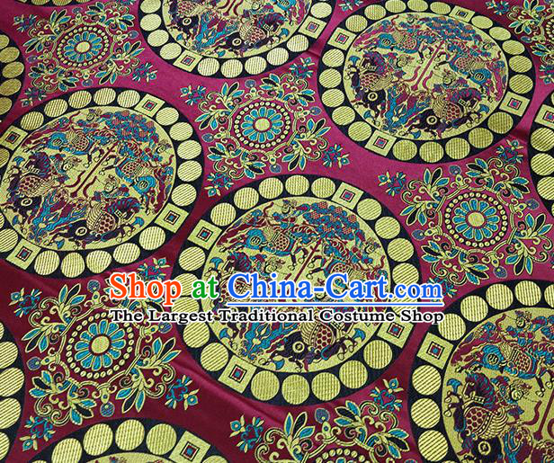 Traditional Chinese Classical Fishes Pattern Design Fabric Wine Red Brocade Tang Suit Satin Drapery Asian Silk Material