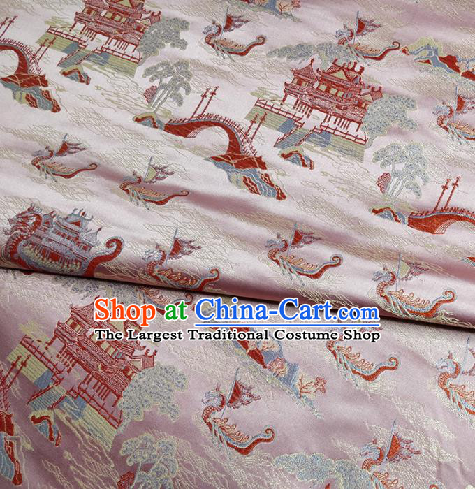 Traditional Chinese Classical Dragon Boat Pattern Design Fabric Pink Brocade Tang Suit Satin Drapery Asian Silk Material