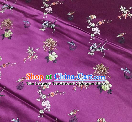 Traditional Chinese Classical Plum Orchid Bamboo Chrysanthemum Pattern Design Fabric Purple Brocade Tang Suit Satin Drapery Asian Silk Material
