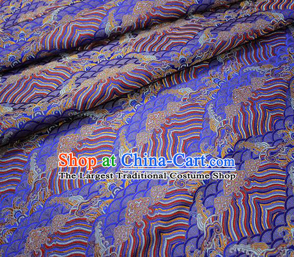 Traditional Chinese Classical Sea Waves Pattern Design Fabric Deep Blue Brocade Tang Suit Satin Drapery Asian Silk Material