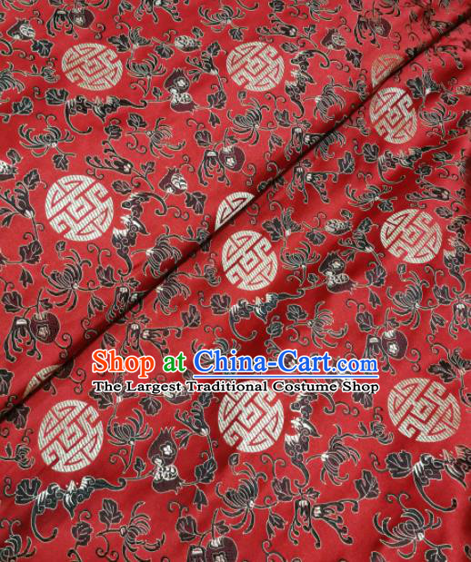 Asian Chinese Classical Longevity Chrysanthemum Pattern Design Red Brocade Fabric Traditional Tang Suit Satin Drapery Silk Material