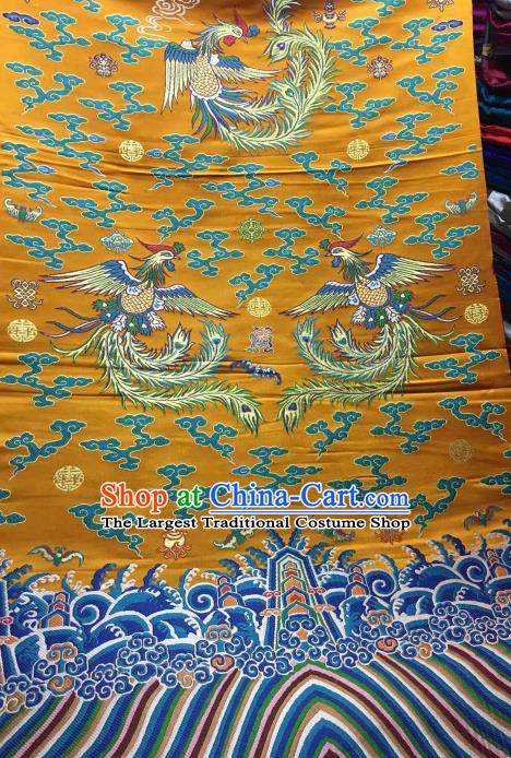 Asian Chinese Golden Satin Classical Phoenix Pattern Design Brocade Wedding Dress Fabric Traditional Drapery Silk Material