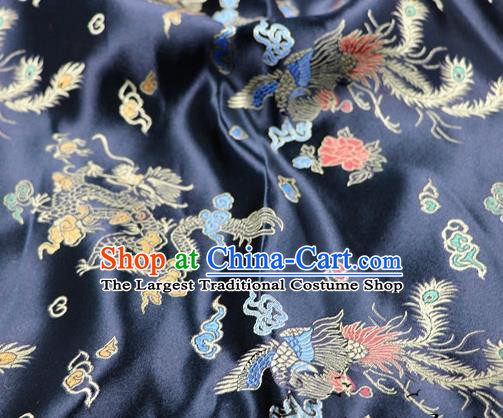 Asian Chinese Classical Dragon Phoenix Pattern Design Black Satin Fabric Brocade Traditional Drapery Silk Material