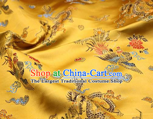 Asian Chinese Classical Dragon Phoenix Pattern Design Golden Satin Fabric Brocade Traditional Drapery Silk Material