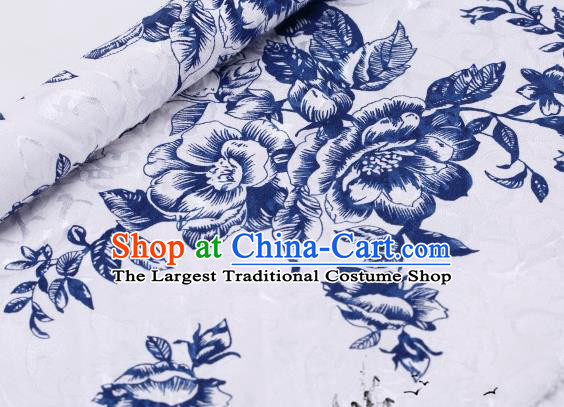 Asian Chinese Classical Blue Peony Pattern Design Satin Fabric Brocade Traditional Drapery Silk Material