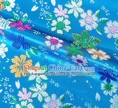 Asian Japanese Kimono Fabric Classical Flowers Pattern Design Blue Brocade Traditional Drapery Silk Material