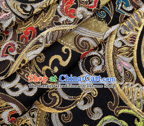 Asian Japanese Kimono Fabric Classical Pattern Design Black Brocade Traditional Drapery Silk Material