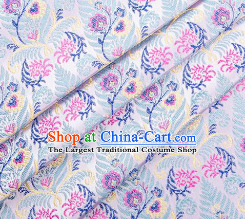 Asian Chinese Classical Cycas Flowers Pattern Design White Satin Fabric Brocade Traditional Drapery Silk Material