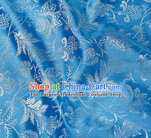 Chinese Classical Leaf Pattern Design Blue Satin Fabric Brocade Asian Traditional Drapery Silk Material