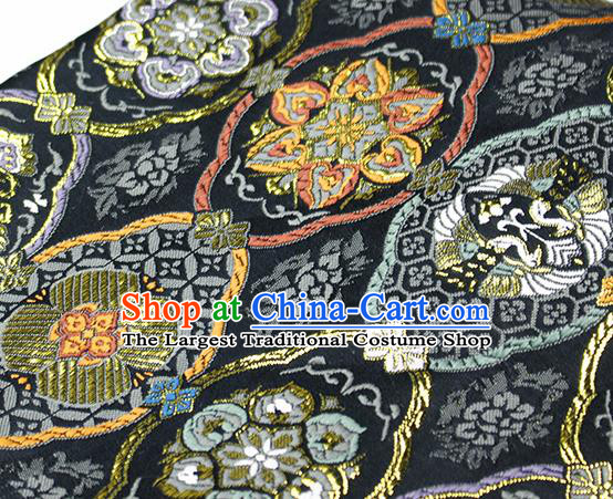 Asian Japanese Kimono Satin Fabric Classical Pattern Design Black Brocade Damask Traditional Drapery Silk Material