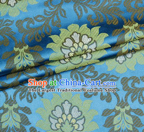 Chinese Classical Lotus Pattern Design Blue Satin Fabric Brocade Asian Traditional Drapery Silk Material