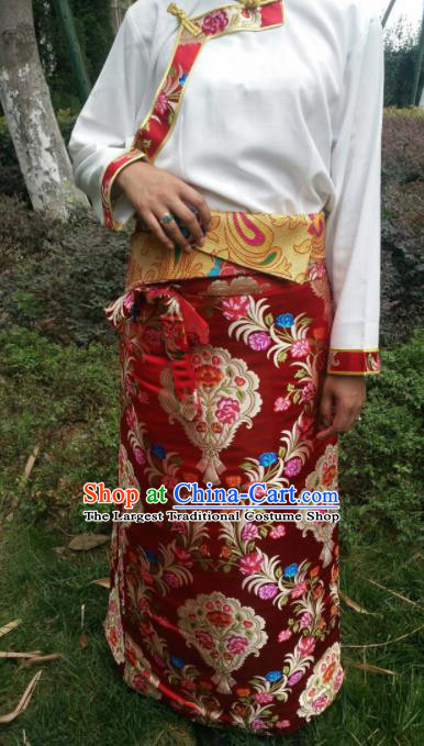 Chinese Traditional Zang Nationality Female Dress Ethnic Dance Costume Red Tibetan Robe for Women