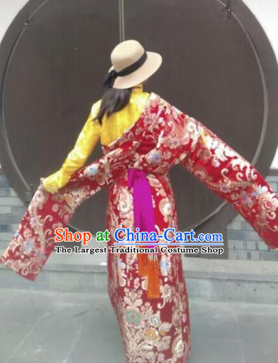 Chinese Traditional Zang Nationality Female Dress Red Tibetan Robe Ethnic Dance Costume for Women