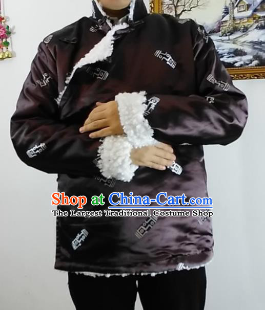 Chinese Traditional Zang Nationality Brown Cotton Padded Jacket Tibetan Ethnic Dance Costume for Men