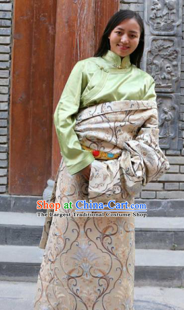 Chinese Traditional Zang Nationality Female Dress White Tibetan Robe Ethnic Dance Costume for Women