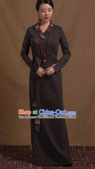 Chinese Traditional Ethnic Tibetan Robe Zang Nationality Female Grey Dress Costume for Women