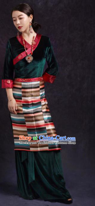 Chinese Traditional Ethnic Tibetan Robe Zang Nationality Female Green Dress Costume for Women